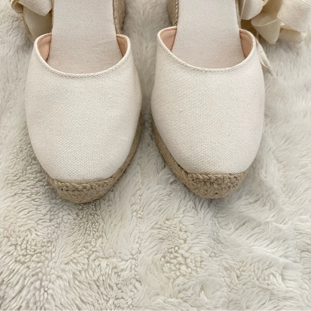 J. Crew Cream Round Toe Canvas Espadrille Wedges Size 9.5 Made in Spain